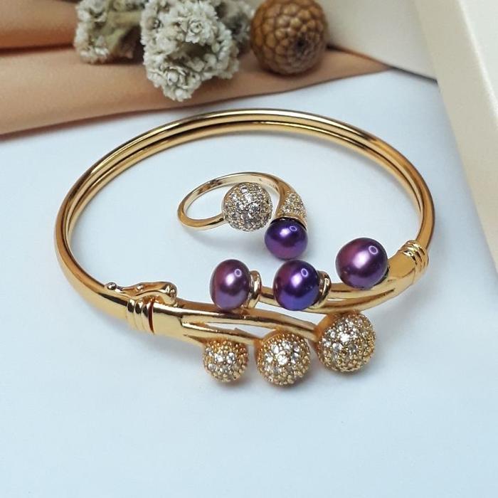 Set gelang dan cincin rhodium mutiara air tawar asli warna ungu