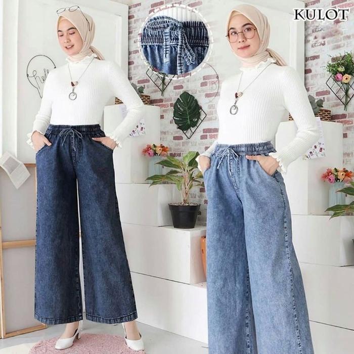 Celana Kulot Jeans Jumbo Wanita Kekinian Pinggang Kolor Jeans Snow
