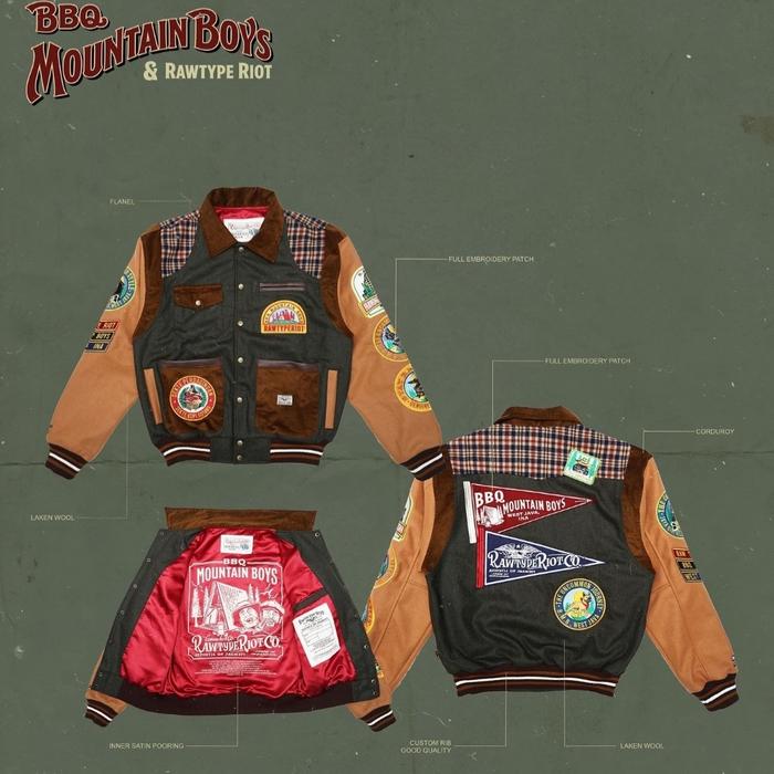 JACKET VARSITY RAW TYPE RIOT X BBQ MOUNTAIN BOYS ORIGINAL RAWTYPE BMB