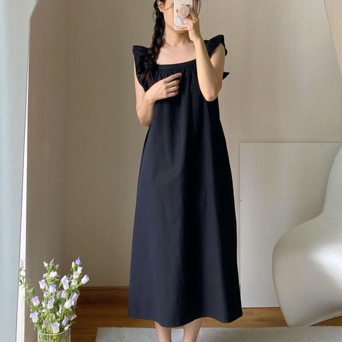 Midi Home Dress 7/8 Tali Ruffle Sleeveless Hitam Polos Nyaman - Black