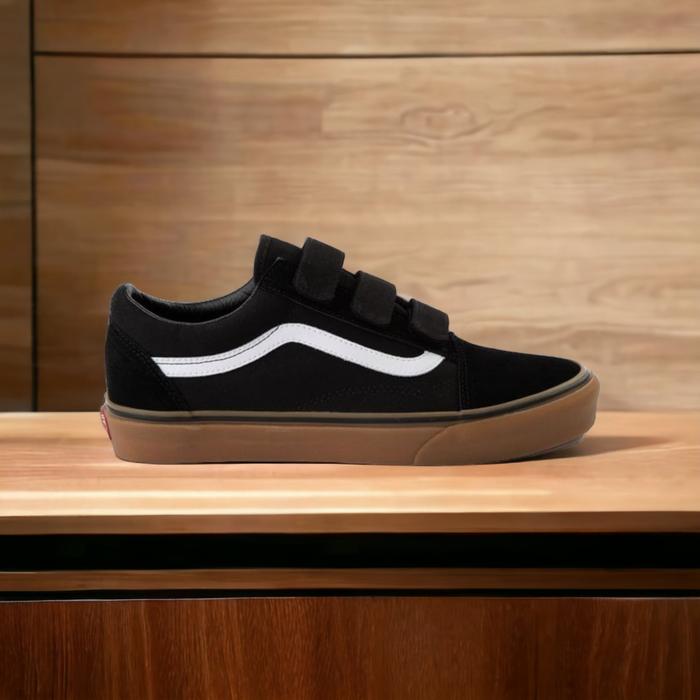Sepatu Vans Old Skool Velcro Black Gum Sole Classic Original