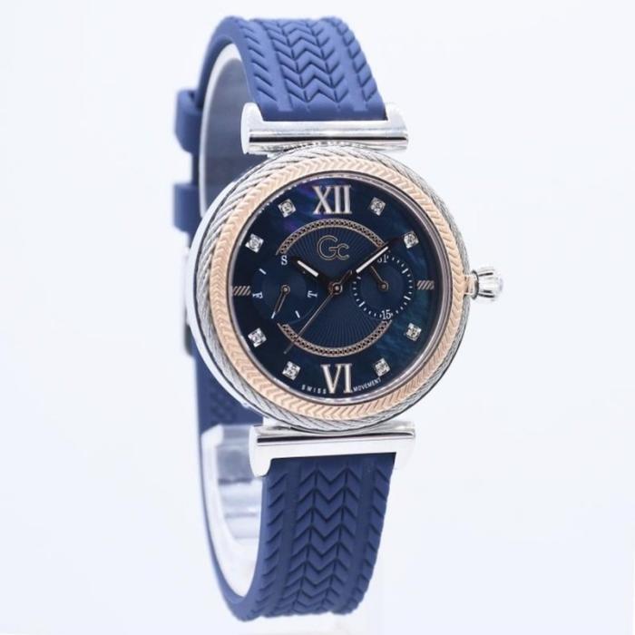 jam tangan wanita original GC Y76004L1MF SILVER ROSE BLUE RUBBER STRAP