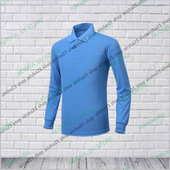 Kaos kerah lengan panjang pria wanita Biru laut kaos kerah salem polos