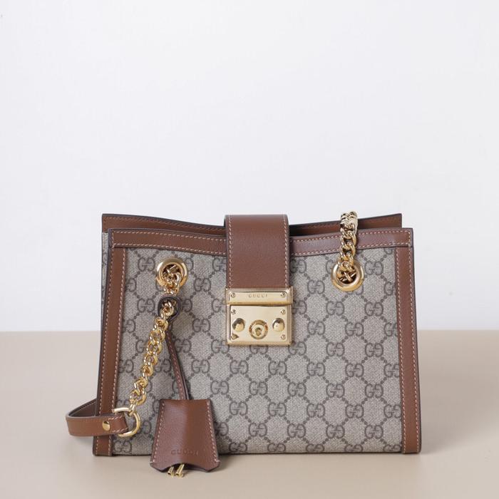GUCCI Small Padlock GG Supreme Chain Shoulder Bag in Beige/Ebony/Brown