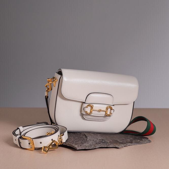 GUCCI Mini 1955 Horsebit Shoulder Bag in White Leather with Web Strap