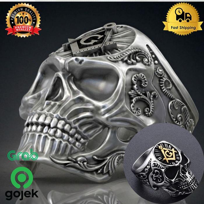 CINCIN TENGKORAK PRIA TITANIUM SILVER PERAK FREEMASON ILLUMINATI C143