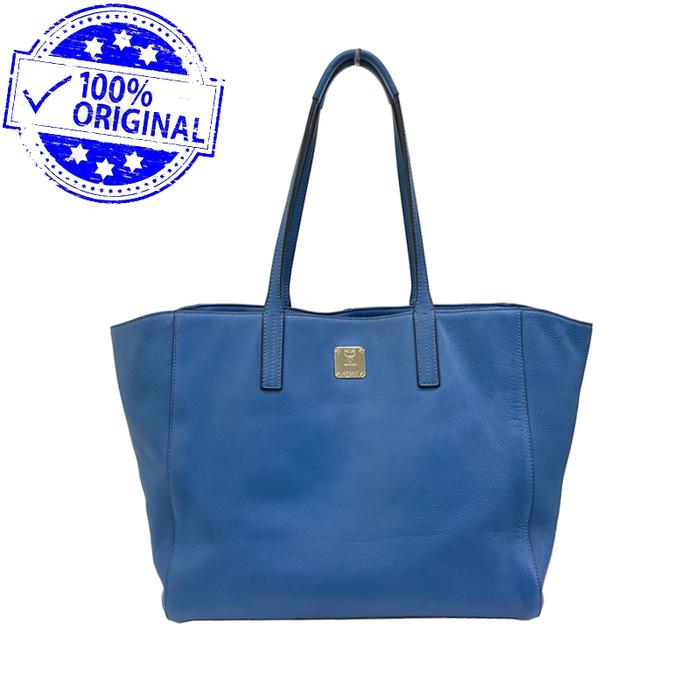 Preloved MCM Blue Leather Large Tote Bag Original