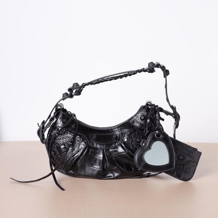 BALENCIAGA Le Cagole XS Shoulder Bag in Black Croco Embossed