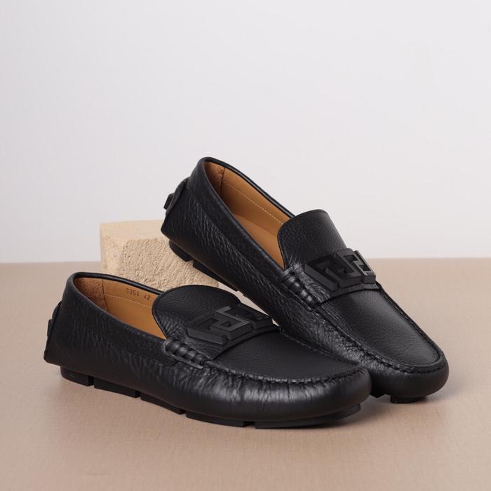 VERSACE Men Greca Driver Shoes in Black Calf Leather