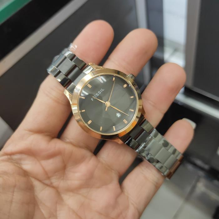 Jam Tangan Wanita Fossil 8712 Black  Rosegold Rantai Original