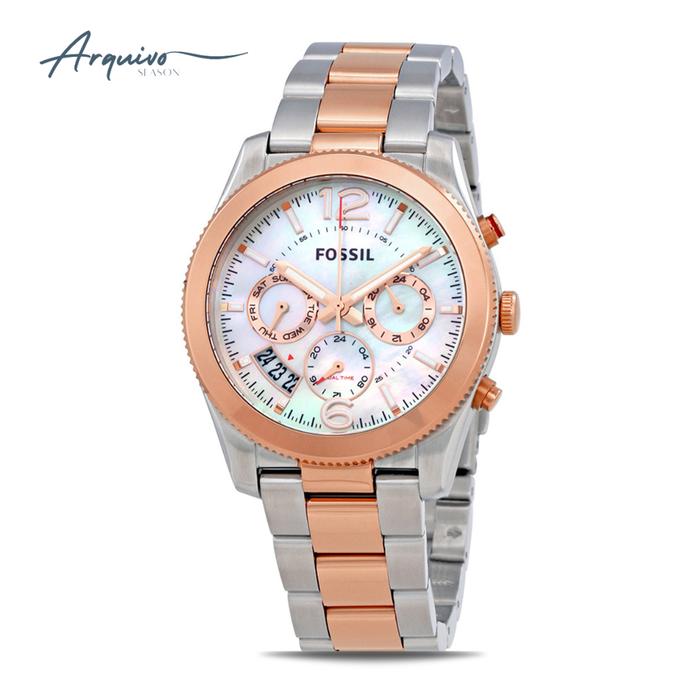 Jam Tangan Fossil Wanita Perfect Boyfriend Chronograph Silver Rose Gold Stainless Steel Strap Mewah