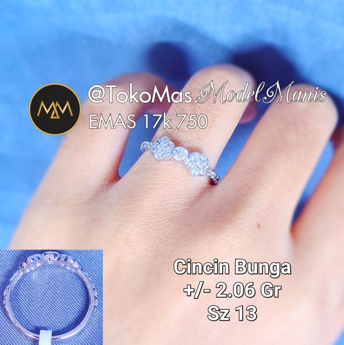 Cincin Double Bunga Emas Putih 750 kadar 17k