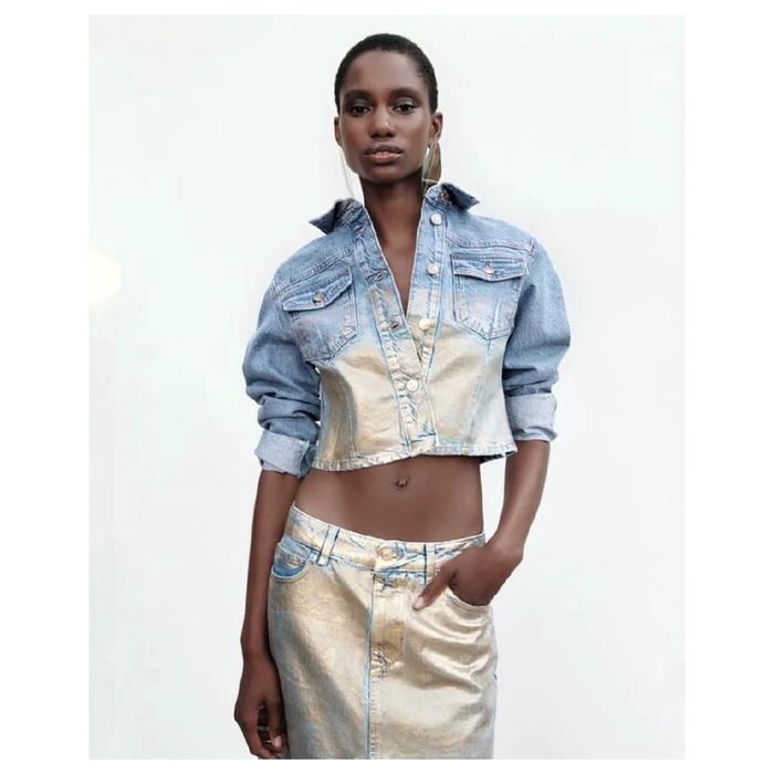 TLJJJ - Blue Gradient Gliter Denim Jacket Jaket Wanita Crop Outer Casual