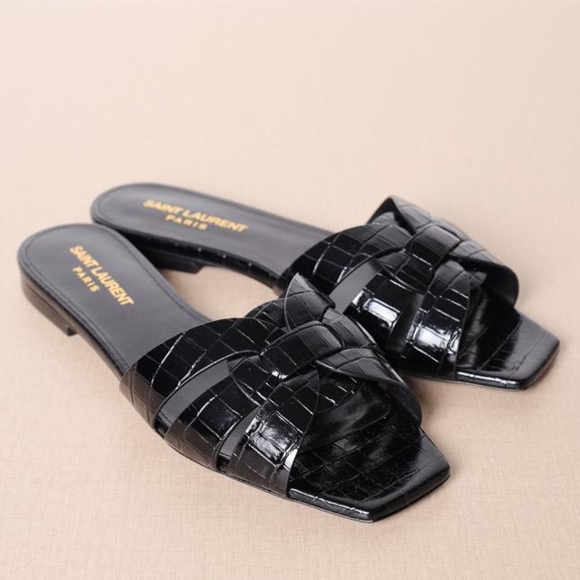 YSL SAINT LAURENT Nu Pieds Tribute Sandals in Black Croco Leather