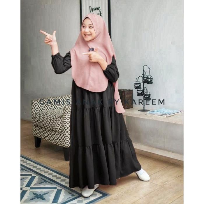 Gamis Anak Remaja Katun Rayon Premium Usia 7-12 tahun Warna Hitam Putih Polos By Kareem