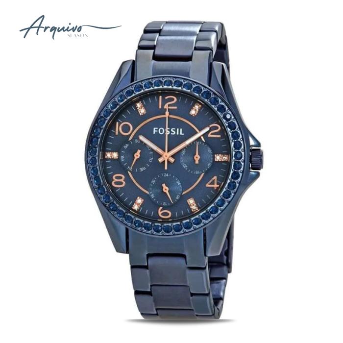 Jam Tangan Fossil Wanita Riley Chronograph Blue Stainless Steel Mewah Original ES4294