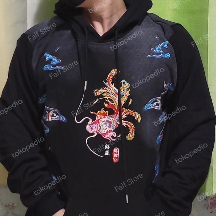 Jaket bordir Hoodie Premium Pria Hitam Ikan Koi Jepang Sulam Sablon Import Premium