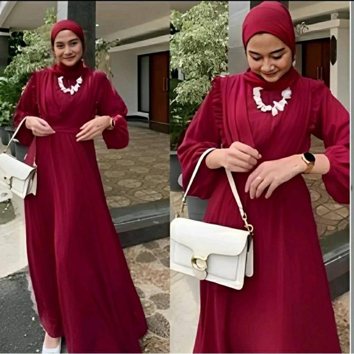 SABIHA-GAMIS DRESS SYARI BUSUI JUMBO CRINCKLE FURING POLOS MERAH MARUN