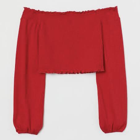 H&M RED SABRINA LONGSLEEVE CUT OFF SHOULDER CROP TOP HNM NEW
