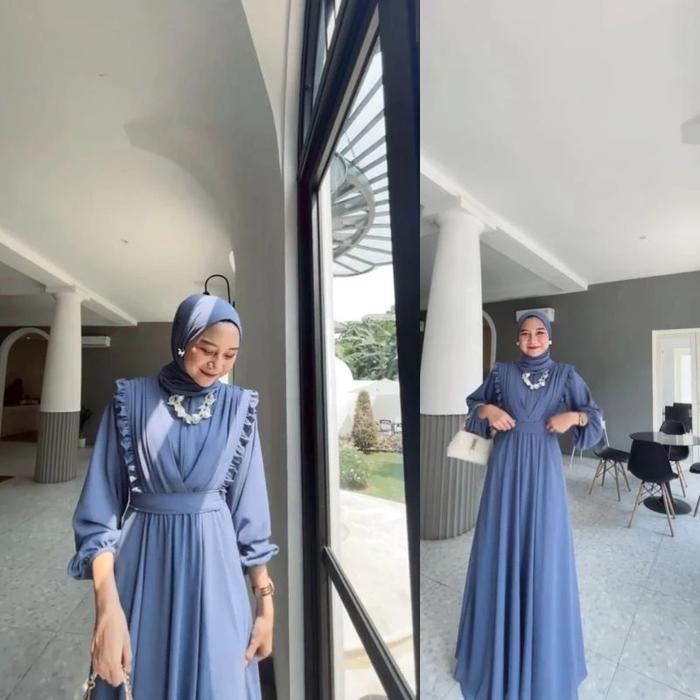 SABIHA-GAMIS DRESS SYARI WANITA BUSUI JUMBO CRINCKLE POLOS BIRU DENIM