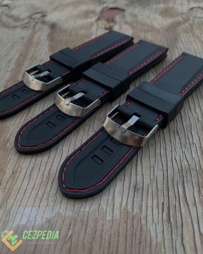 STRAP TALI JAM TANGAN KARET HITAM JAHIT MERAH SIZE LENGKAP