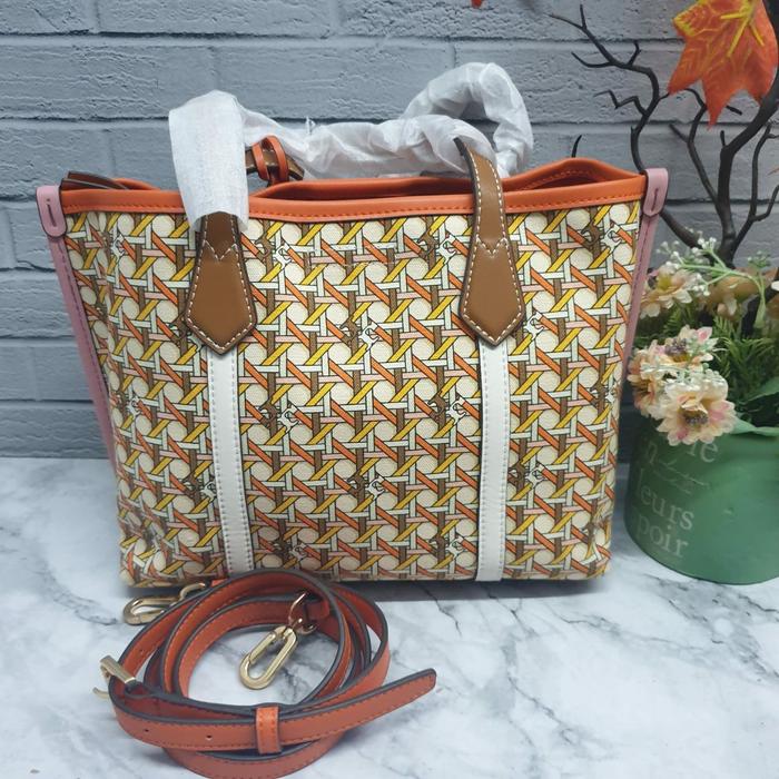 TB Perry Printed Canvas Small Triple Compartment Tote Orange Caning