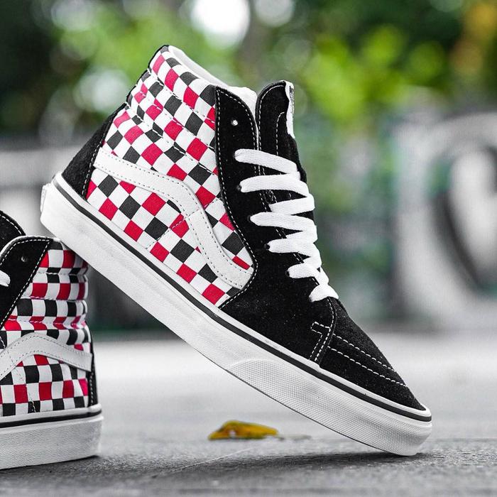 Original Vans Kids Sk8 Hi Multi Checkerboard Black Racing Red