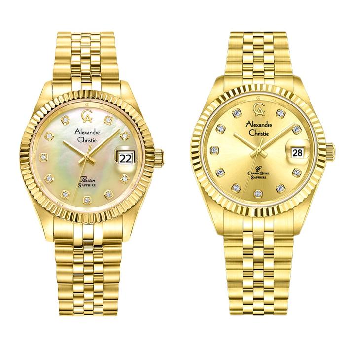 Jam Tangan Couple Alexandre Christie AC 5013 Sapphire - Full Gold