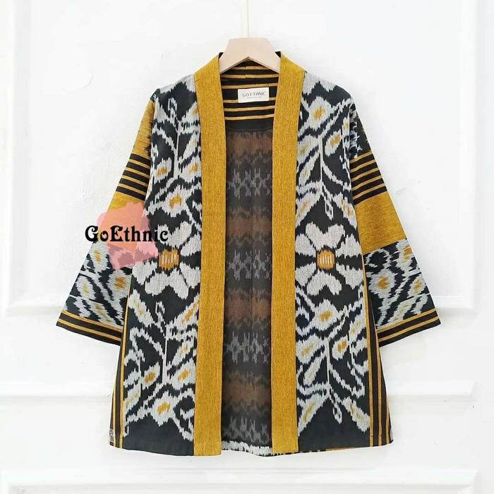 OUTER KIMONO WANITA TENUN ETNIK WARNA KUNING KUNYIT