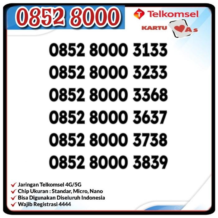 Nomor Cantik Telkomsel AS 4G O852 8000 3133 3233 3368 3637 3738 3839