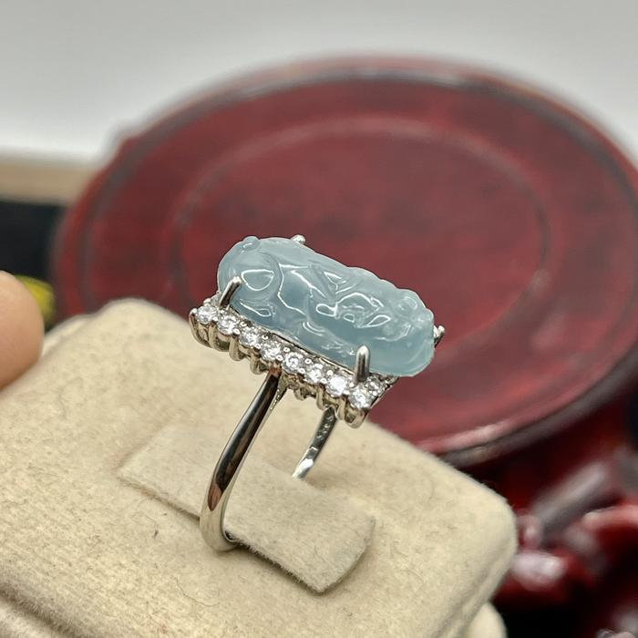 Giok jadeite feicui tipeA cincin cewek ikatan perak s925 ukiran pixiu