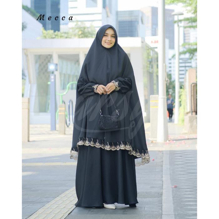 Gamis Syari Set Khimar Umrah Putih Hitam Uniquely Ori. Baju Muslim