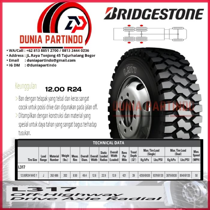 Ban Truk BRIDGESTONE L317 UK. 12.00 R24. Chat Diskon