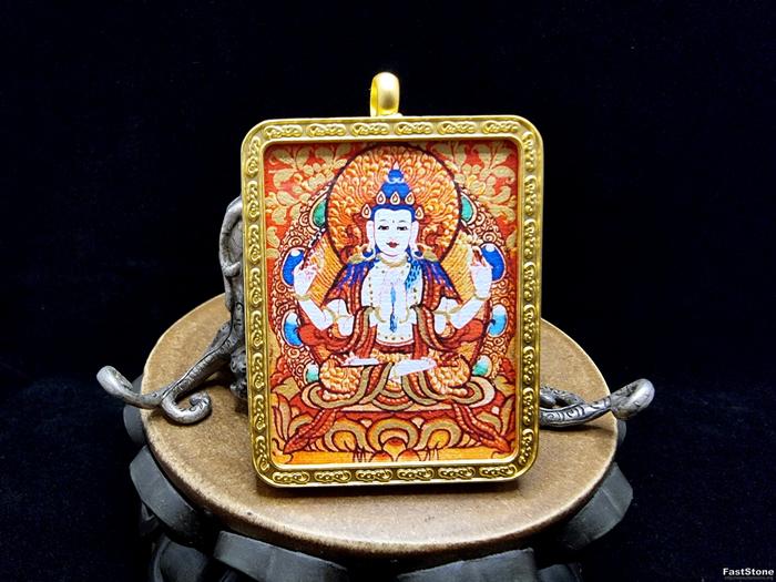 Liontin Lukisan ThangKa 4Arms Dewi KwanIm Bodhisattva Tibet 51mm E1893