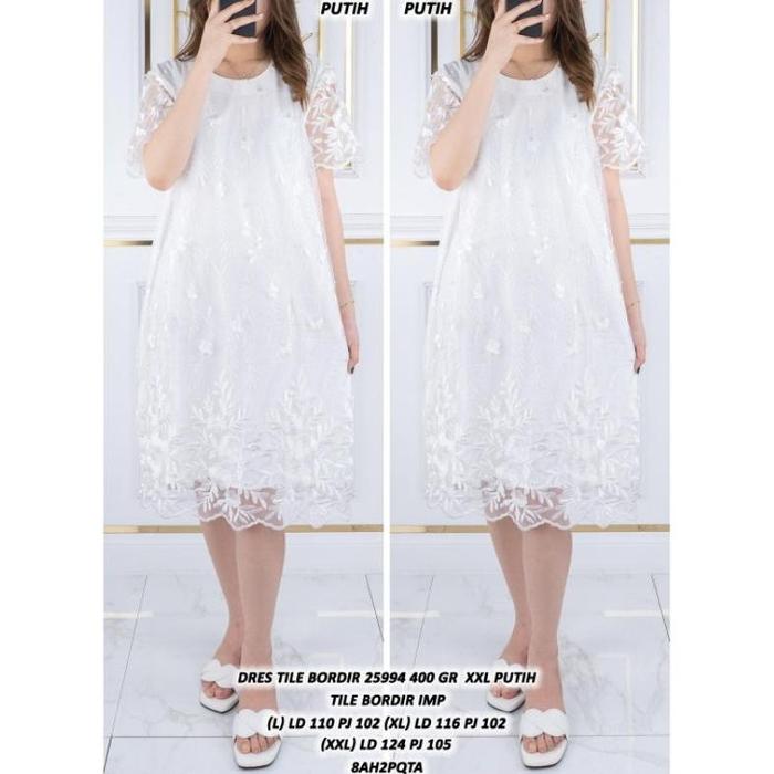 MIDI DRESS BRUKAT TILE BORDIR MEWAH DRESS TILE DRESS KEBAYA PUTIH