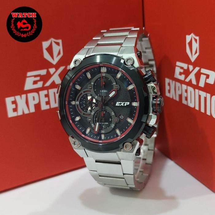 Jam Tangan Expedition Pria Original E6841 Silver Black List Red