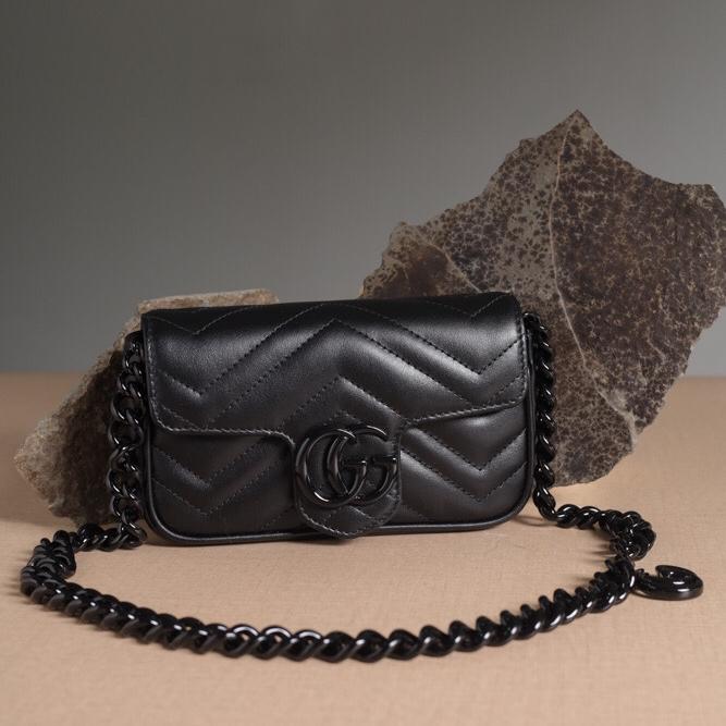GUCCI GG Marmont Flap Chain Belt Bag in All Black