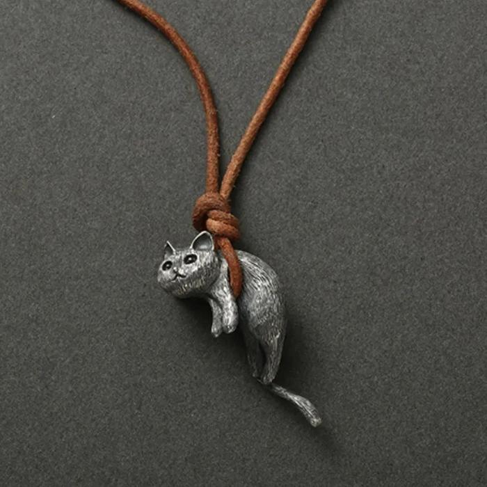 Kalung Pria Wanita Kucing Retro Hanging Cat Bahan Logam Tali Kulit Imitasi Cooper Silver Plating Ben