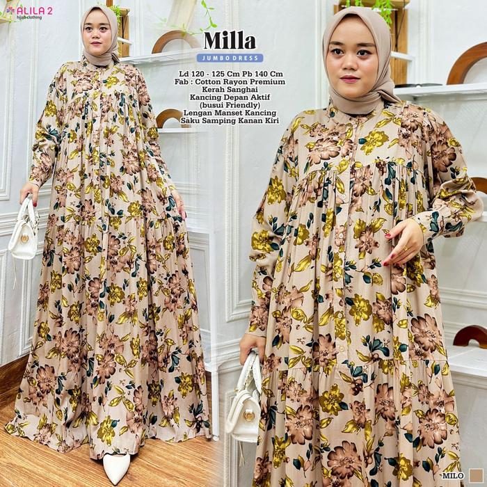 Milla jumbo dress gamis wanita motif terbaru baju hangout xxl ld 120cm