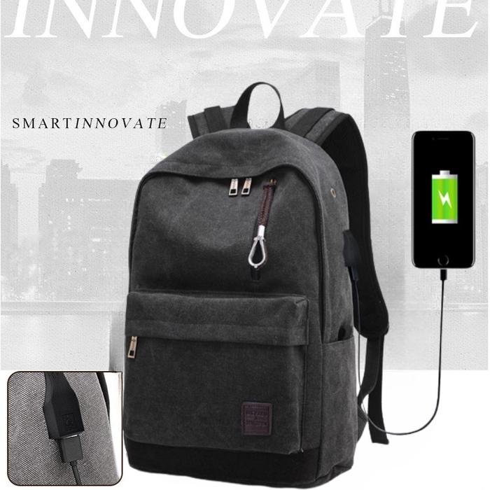 Tas Ransel Bahan Kanvas dengan Lubang Headset dan Port USB