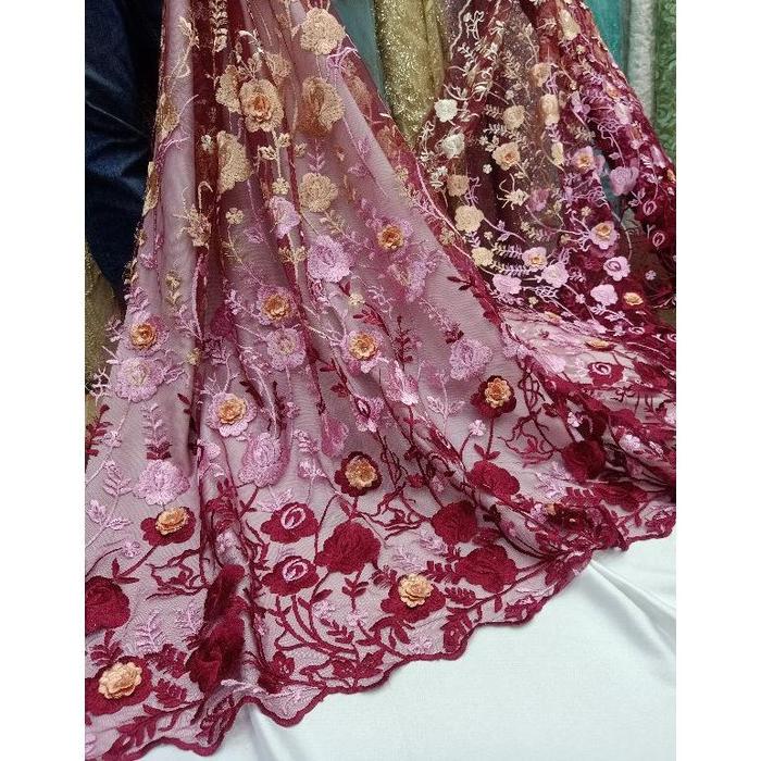 Kain tulle 3D tritone / Kain tile bunga timbul / Tule bunga mawar