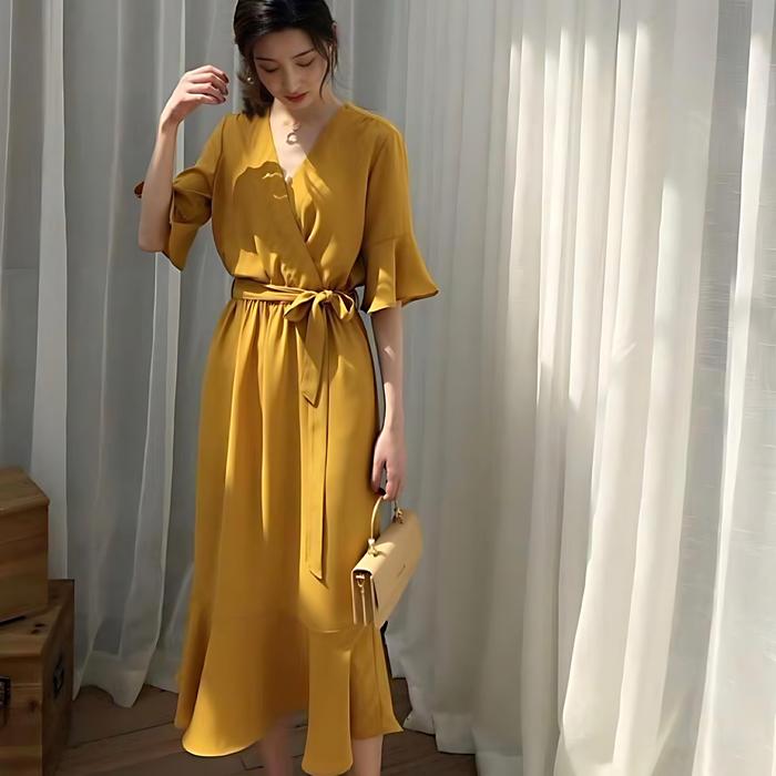 Long dress VNeck Mustard/Dress korean kekinian/Maxi dress vecka 1290#