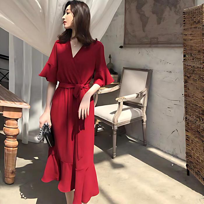 Maxi Dress Vecka Mustard 1290#/Long Dress Vneck/Dress korean kekinian