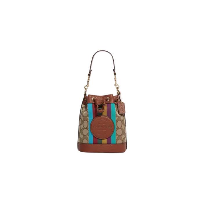 Tas Wanita Branded CO Mini Dempsey Signature Bucket Bag with Coach Patch - Khaki Multi
