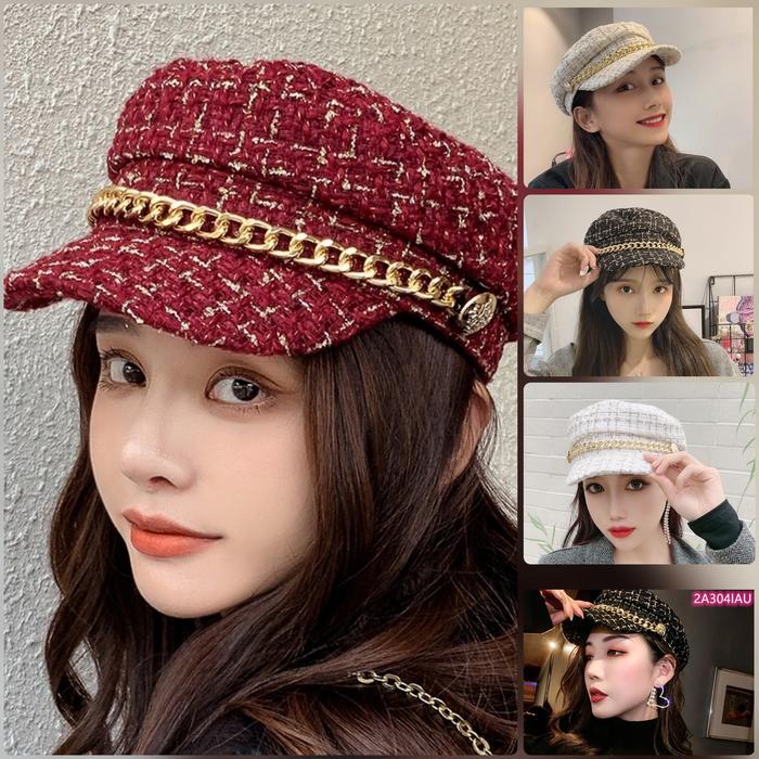 Hat Topi Baret Retro Oktagonal Korea Hitam Putih agak Cream
