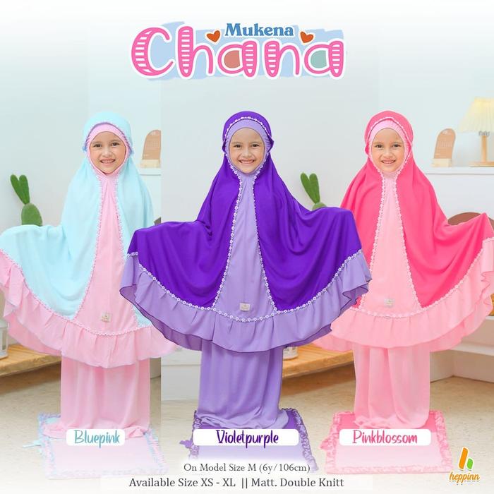 Heppinn Mukena Anak Chana Orange Blue Mint Pink PE 40 Set Tas Sajadah Bahan Empuk Nyaman Dikenakan S