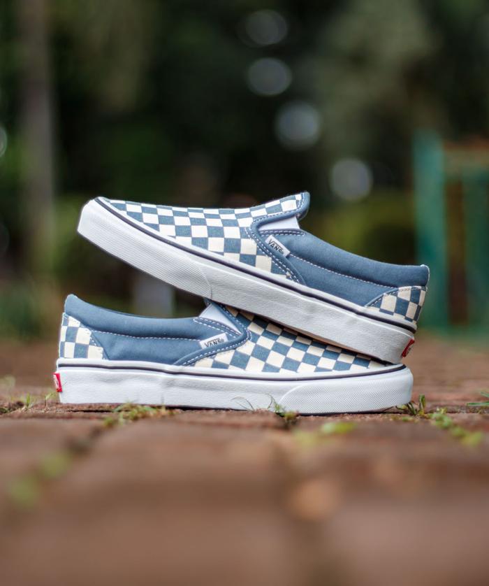 Sepatu Sneakers Pria Wanita Vans Slip On Checkerboard Blue Mirage Ori