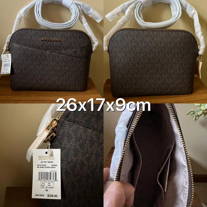 NWT Tas MK Jet Set Travel Medium Dome Crossbody Brown Signature