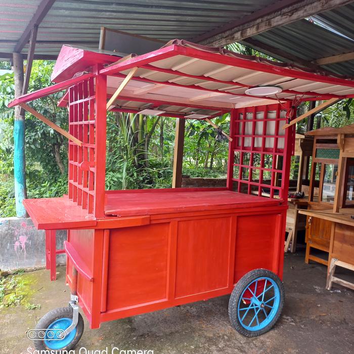 Gerobak Rombong Sosis Bakar Ukuran 180x80x2mtr Bahan Kayu Mahoni Finishing Roda 3 Meja Kompor Tataka