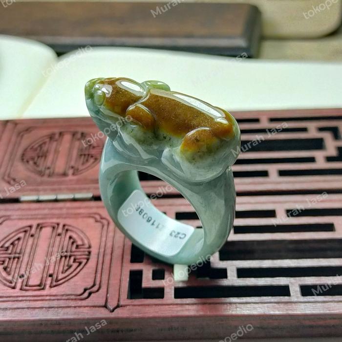 Cincin Giok Jadeite Pixiu keberuntungan + sertifikat